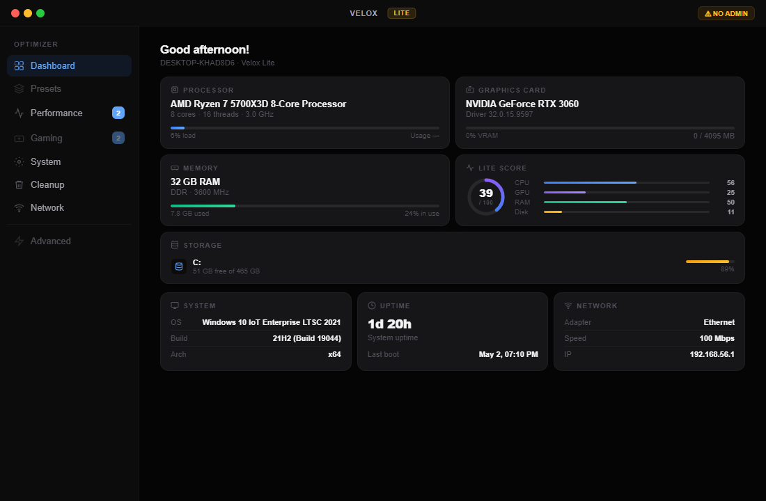 Velox Lite interface preview